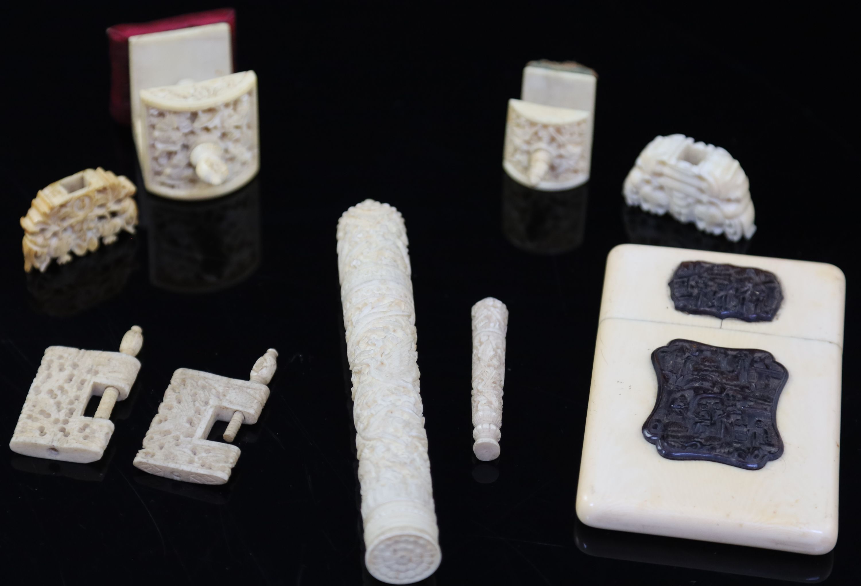 A group of 19th century Chinese carved ivory sewing accessories